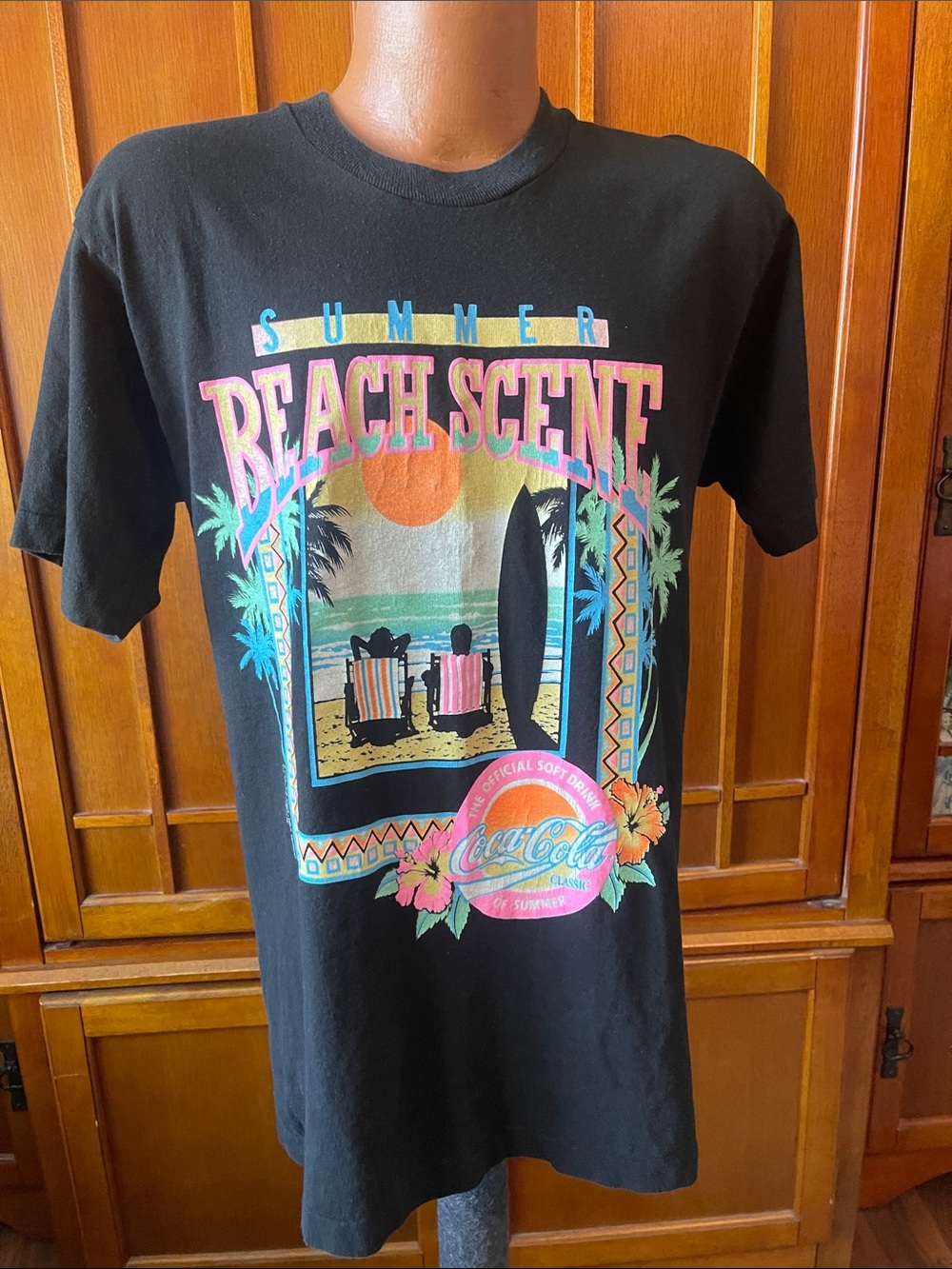 Vintage Coca Cola Black Graphic 'Summer Beach Scene' Tee